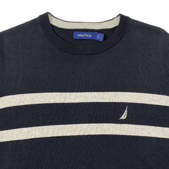 Nautica Crew Neck Sweater Top Mens size Large Black Off White Stripe - Picture 3 of 11